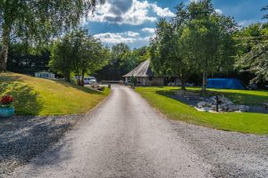 Tree-lined entrance driveway leading into the caravan park on a sunny day.
